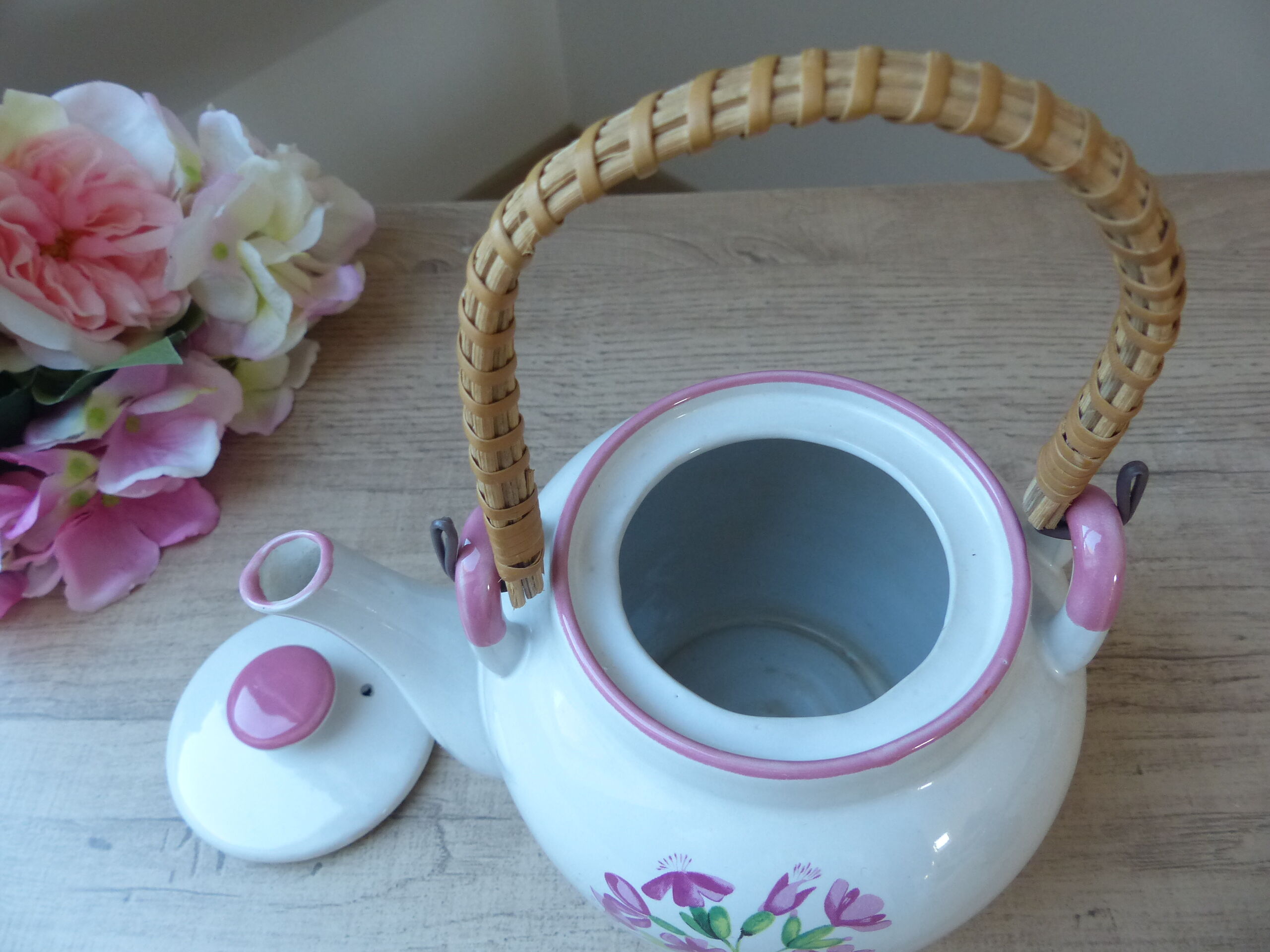 Korean teapot in white ceramic pattern pink flowers handle vintage wood