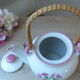 Korean teapot in white ceramic pattern pink flowers handle vintage wood