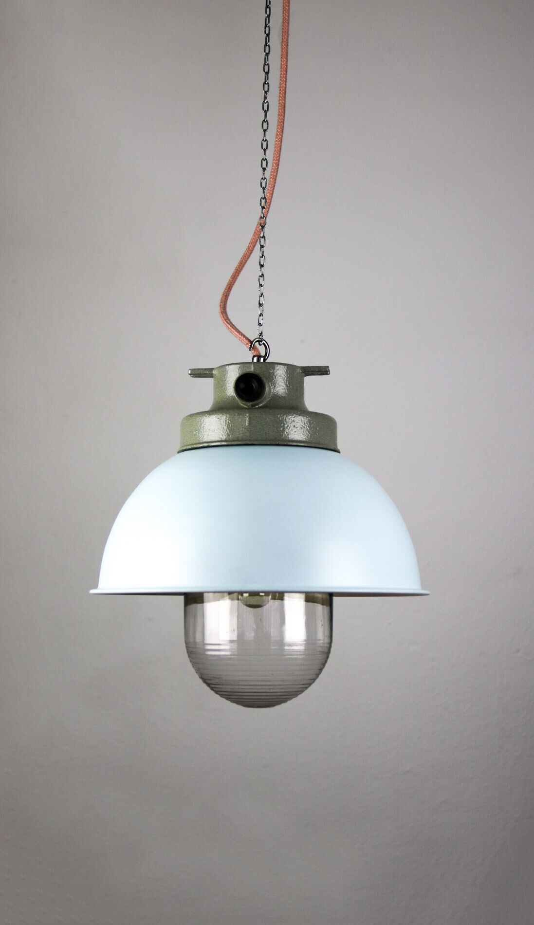 Light blue industrial hanging light from tep