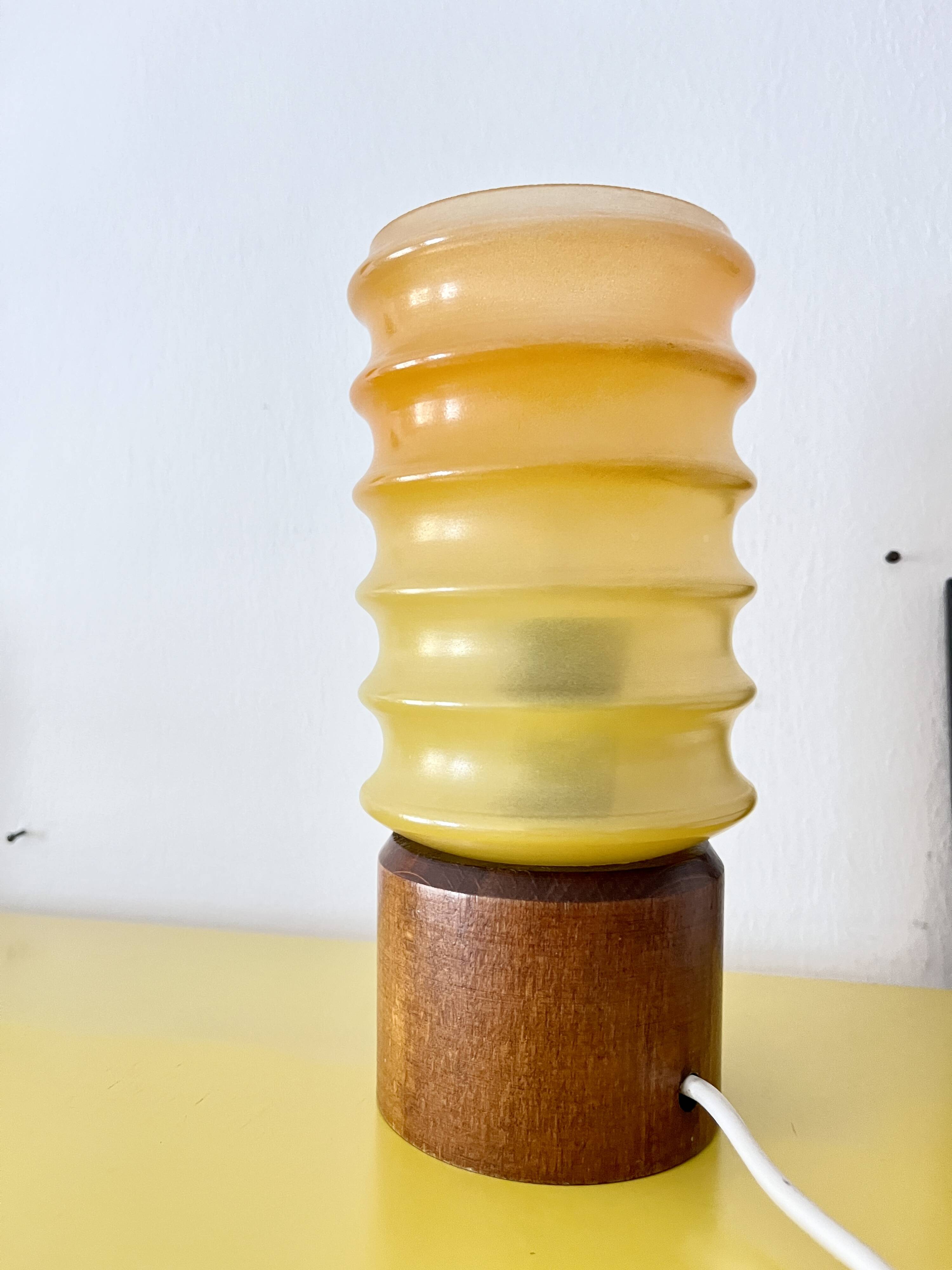 Vintage Bedside Lamp Wood Base & Yellow Orange Glass, VEB Lighting, GDR