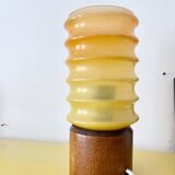 Vintage Bedside Lamp Wood Base & Yellow Orange Glass, VEB Lighting, GDR