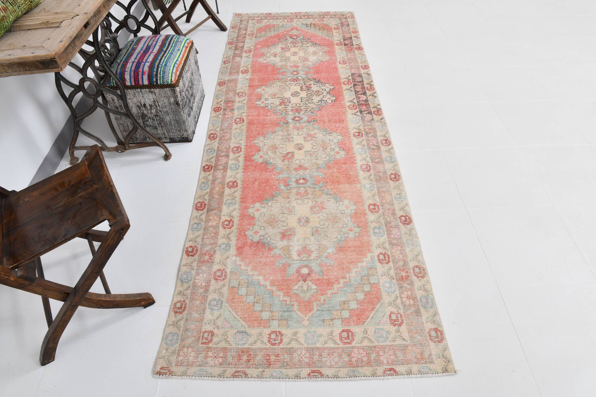 3x9 Red & Beige Vintage Persian Runner Rug, 98x285Cm SK 21187