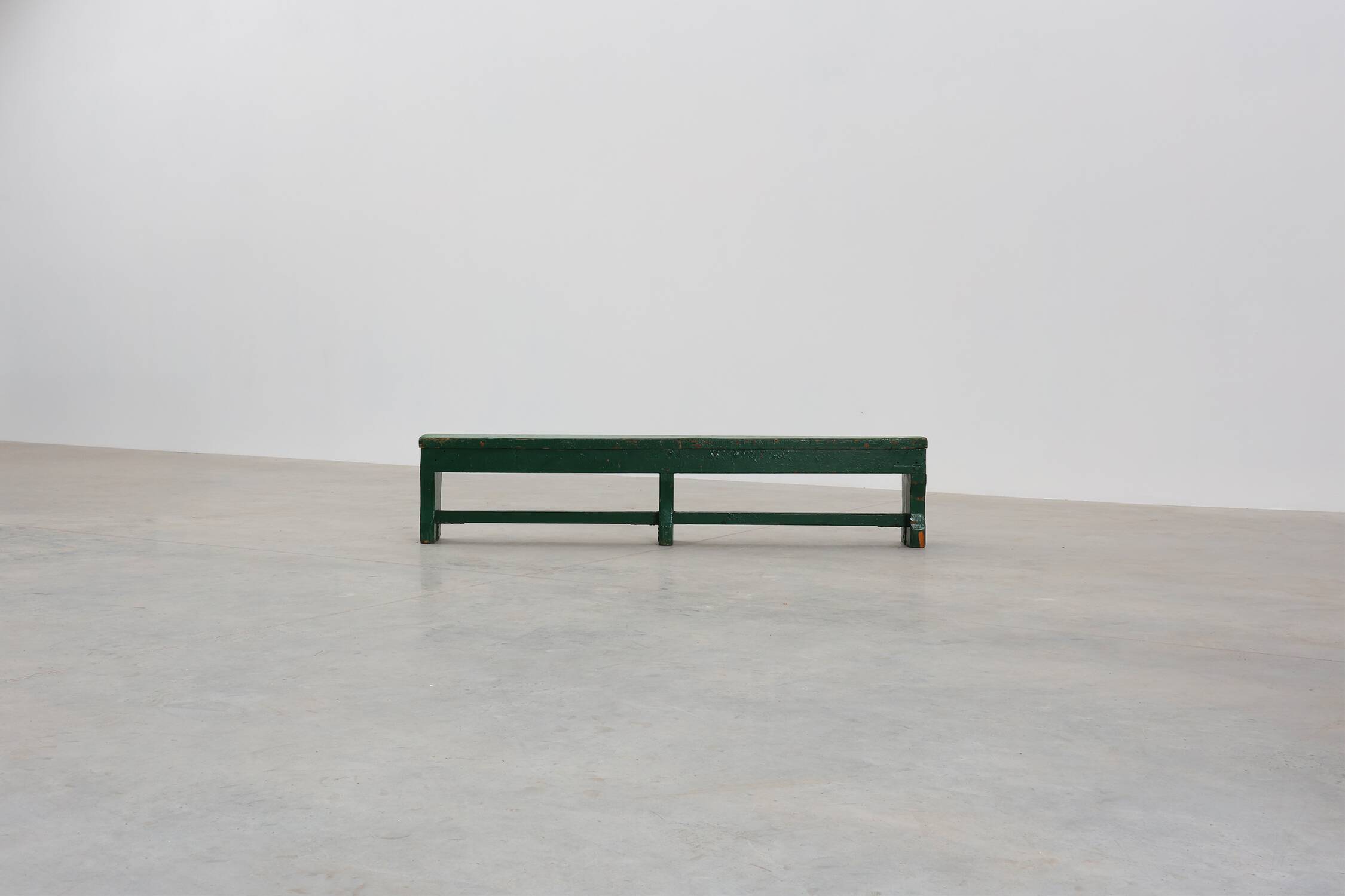 Rustic primitive green farmhouse bench in solid oak, France ca. 1900