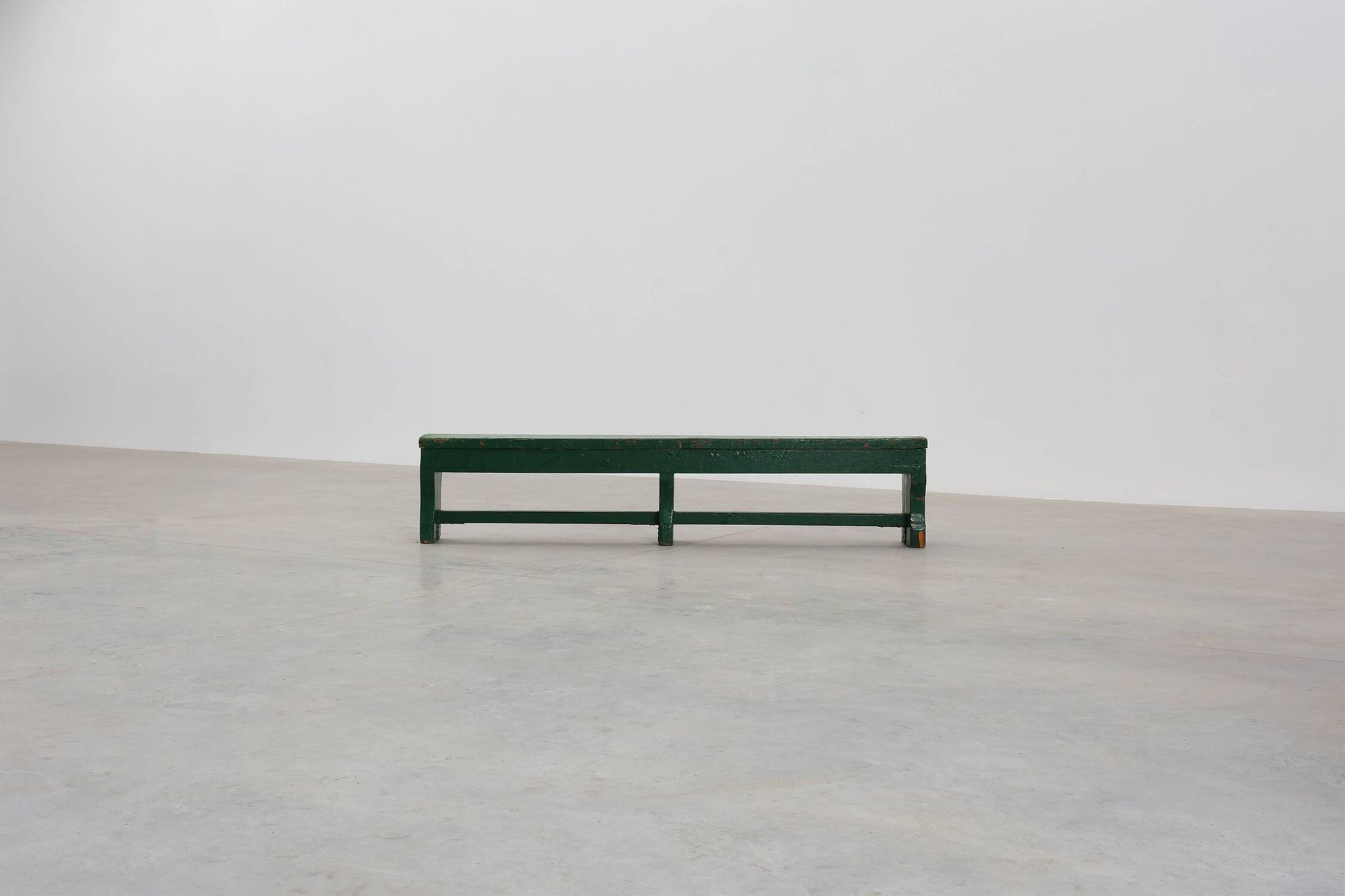 Rustic primitive green farmhouse bench in solid oak, France ca. 1900