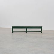 Rustic primitive green farmhouse bench in solid oak, France ca. 1900