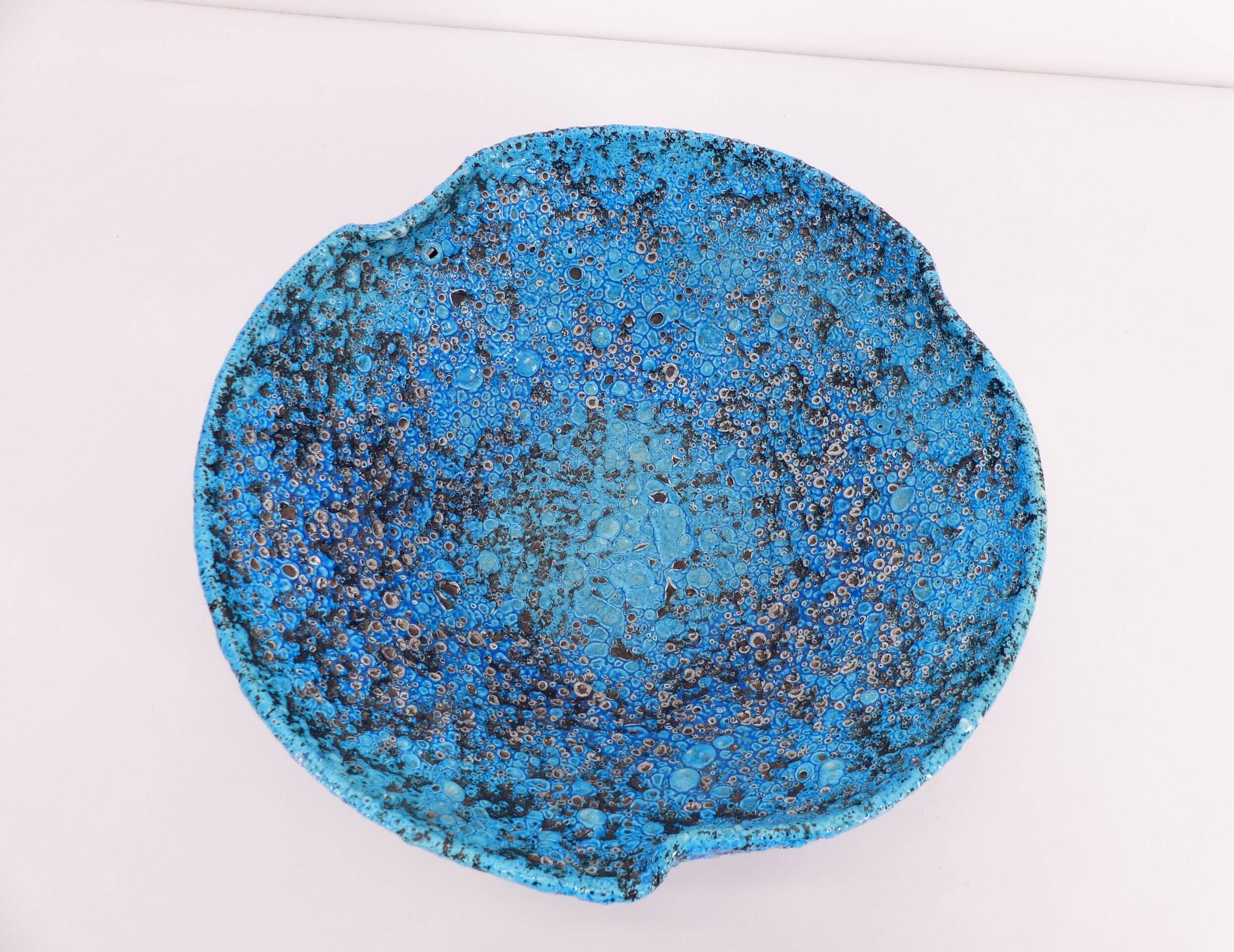 Ceramic fruit bowl with turquoise blue sea foam enamels, 1950