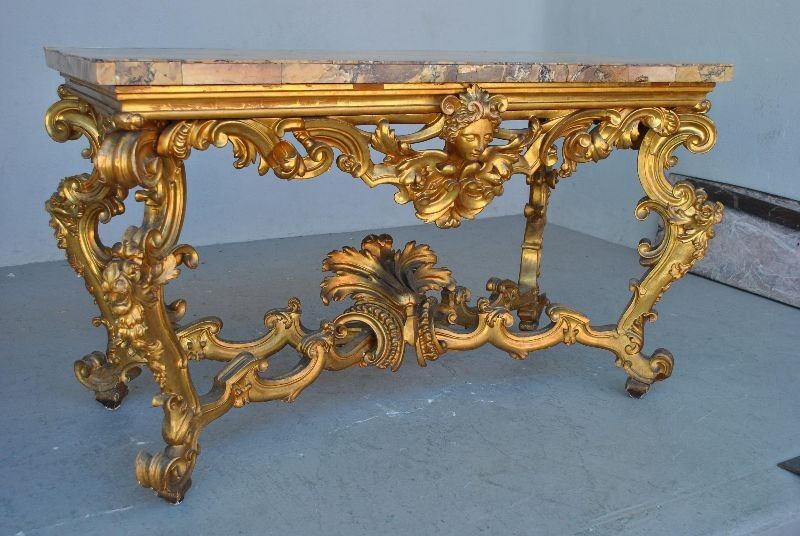 Console rocaille bois doré marbre romain XVIIème