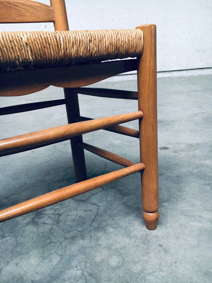 Rustic Oak and Rush High Ladder Back Dining Chairs, Belgium, 1950s, Set of 6