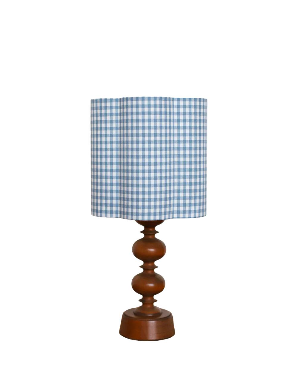 Lampe à poser, pied en bois tourné 1960 et abat-jour vichy bleu ciel