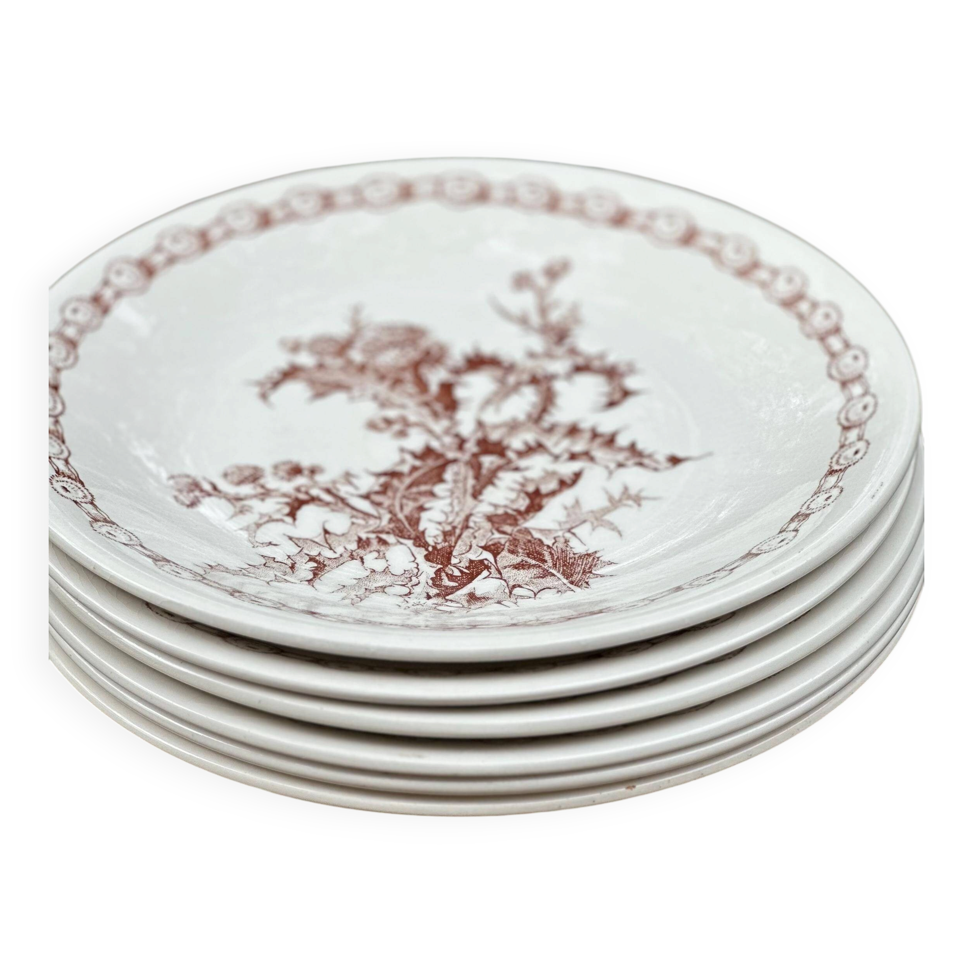 Gien earthenware plates with thistle decoration, set of 6.