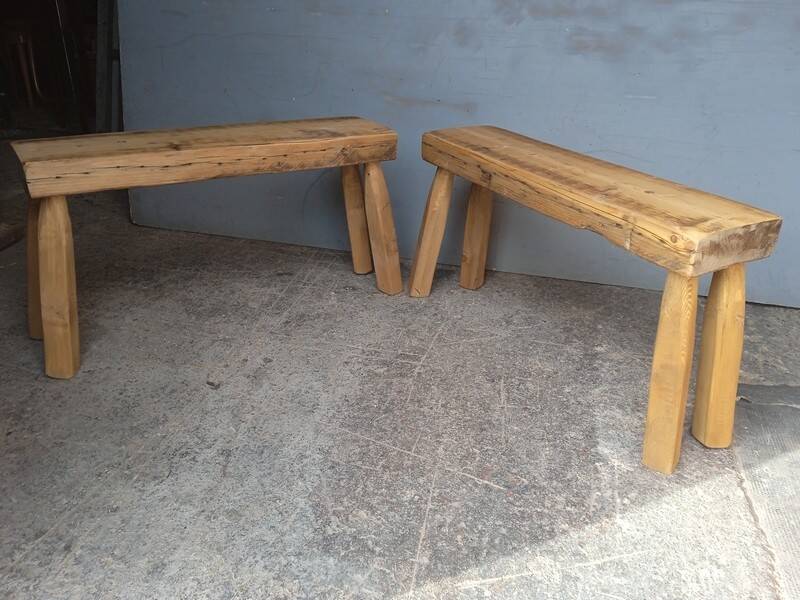Pair of 2 patinated solid wood benches / stools