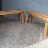 Pair of 2 patinated solid wood benches / stools