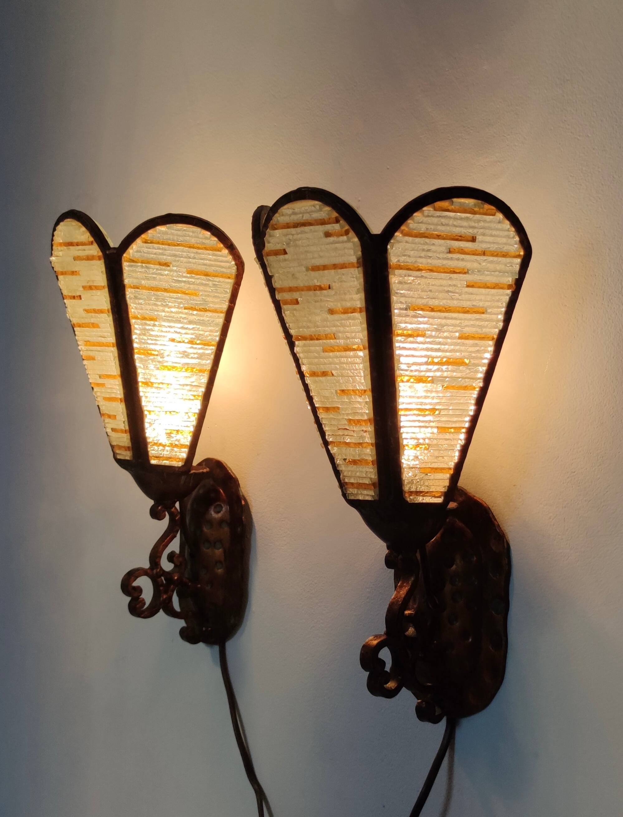Pair of Copper and Murano Glass Appliques / Wall Lights, Italy