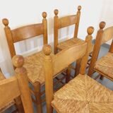 Suite of 6 vintage brutalist chairs in solid oak wood and straw from the 60s