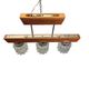Mid-century pendant lamp with wooden frame and three pressed glass shades,