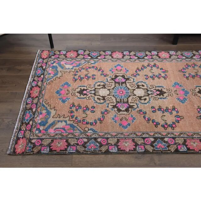 1970s Vintage Turkish Oushak Handmade Wool Cotton Pink Runner Rug 103x302
