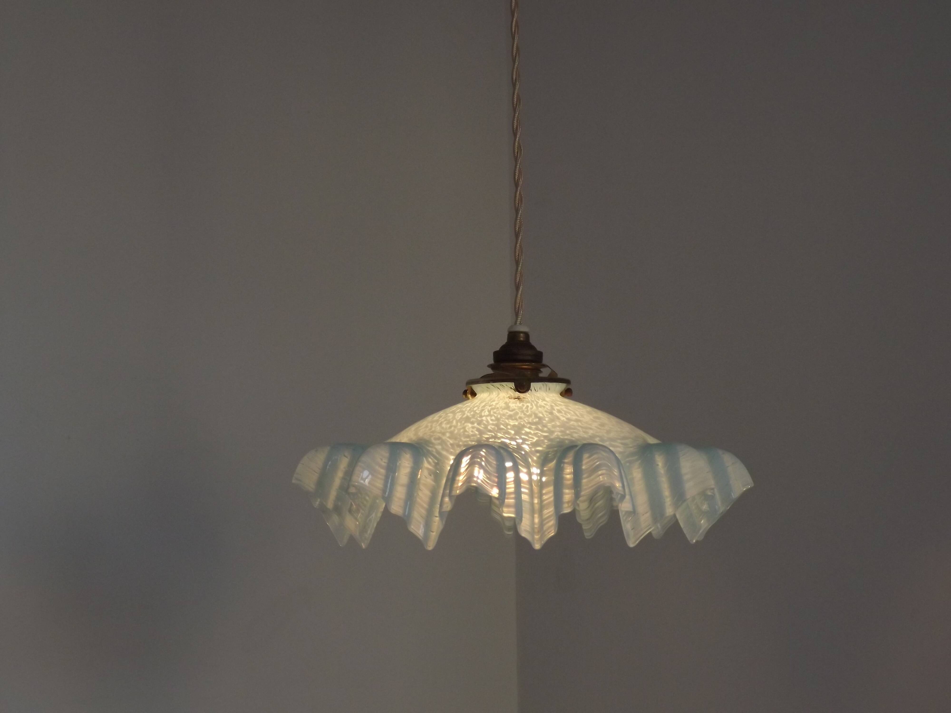 French Vintage 1930s Pale Blue Frilled Clichy Glass Lampshade Ceiling Light
