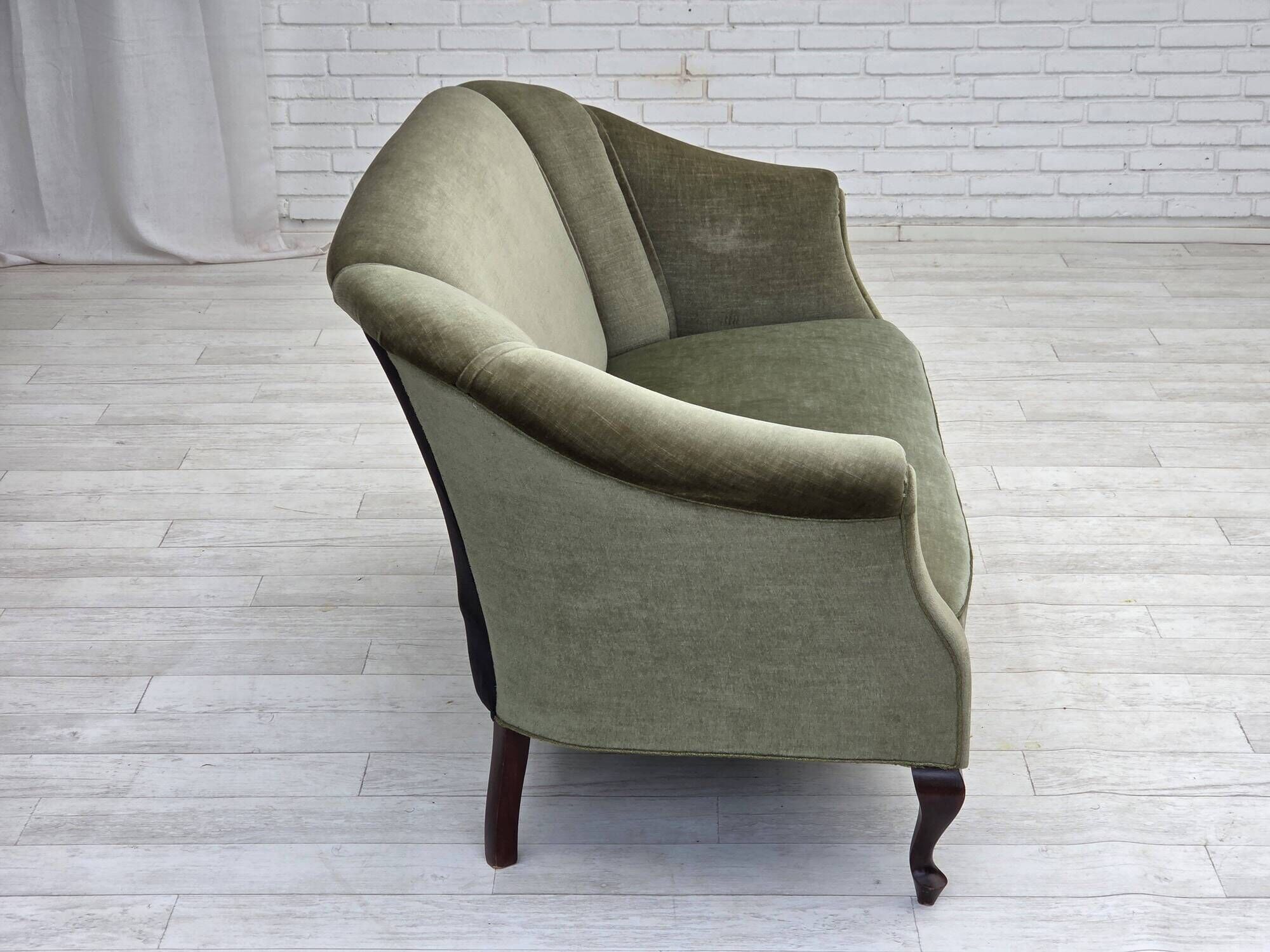 1960s, Danish 2-seater sofa, green furniture velour, beech wood.