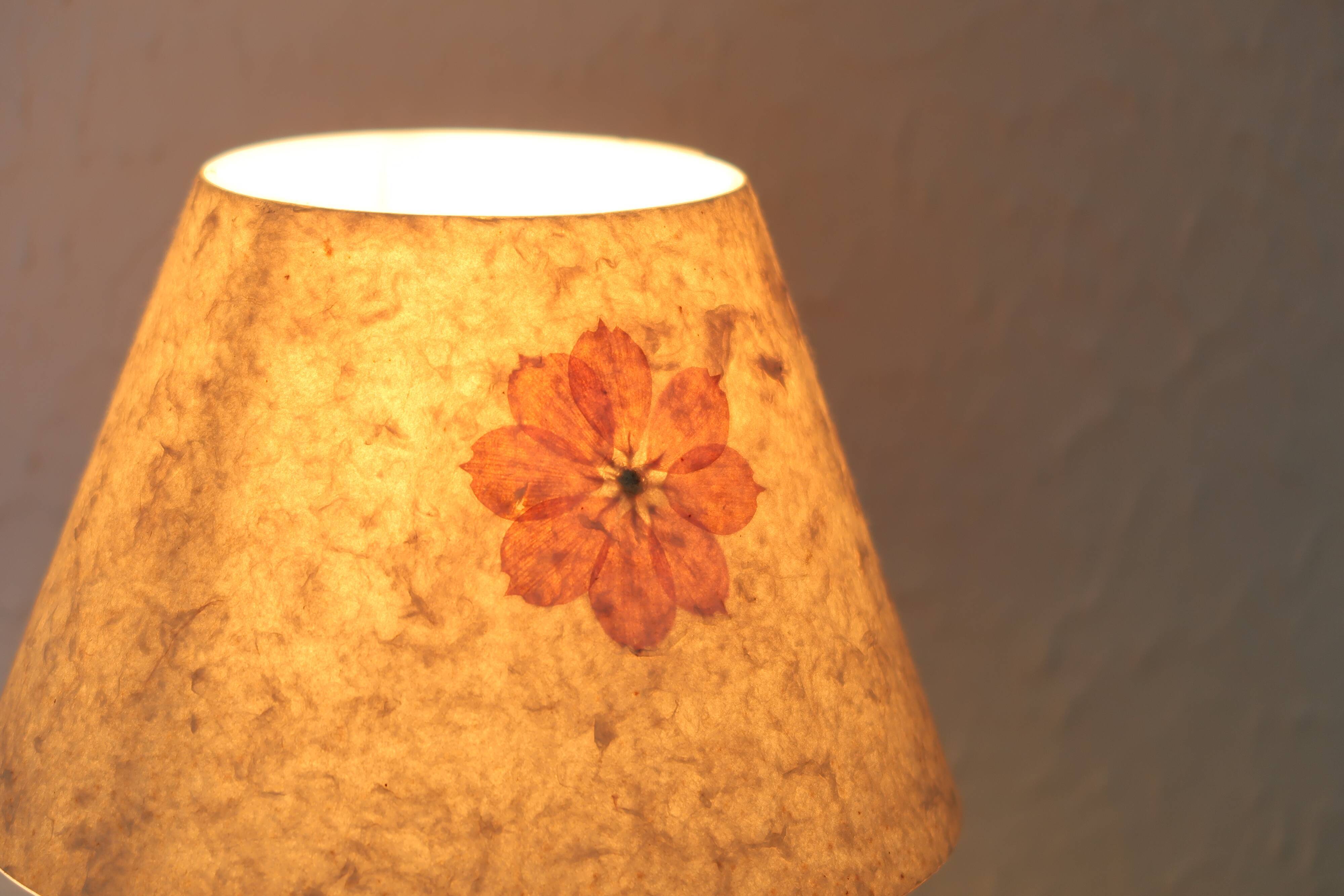 Red wooden lamp with herbarium-style lampshade from the 70s