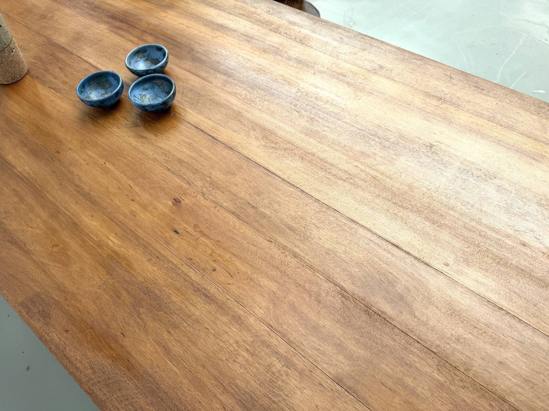 Large modernist farmhouse table in solid beech, thick dowelled top.