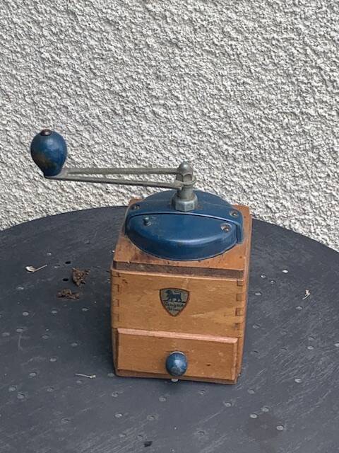 Peugeot Freres coffee grinder in wood and vintage blue metal