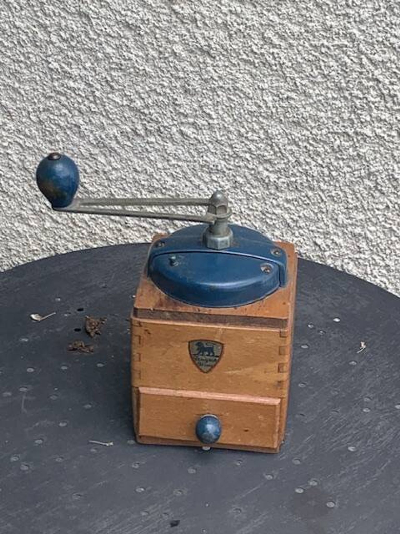 Peugeot Freres coffee grinder in wood and vintage blue metal