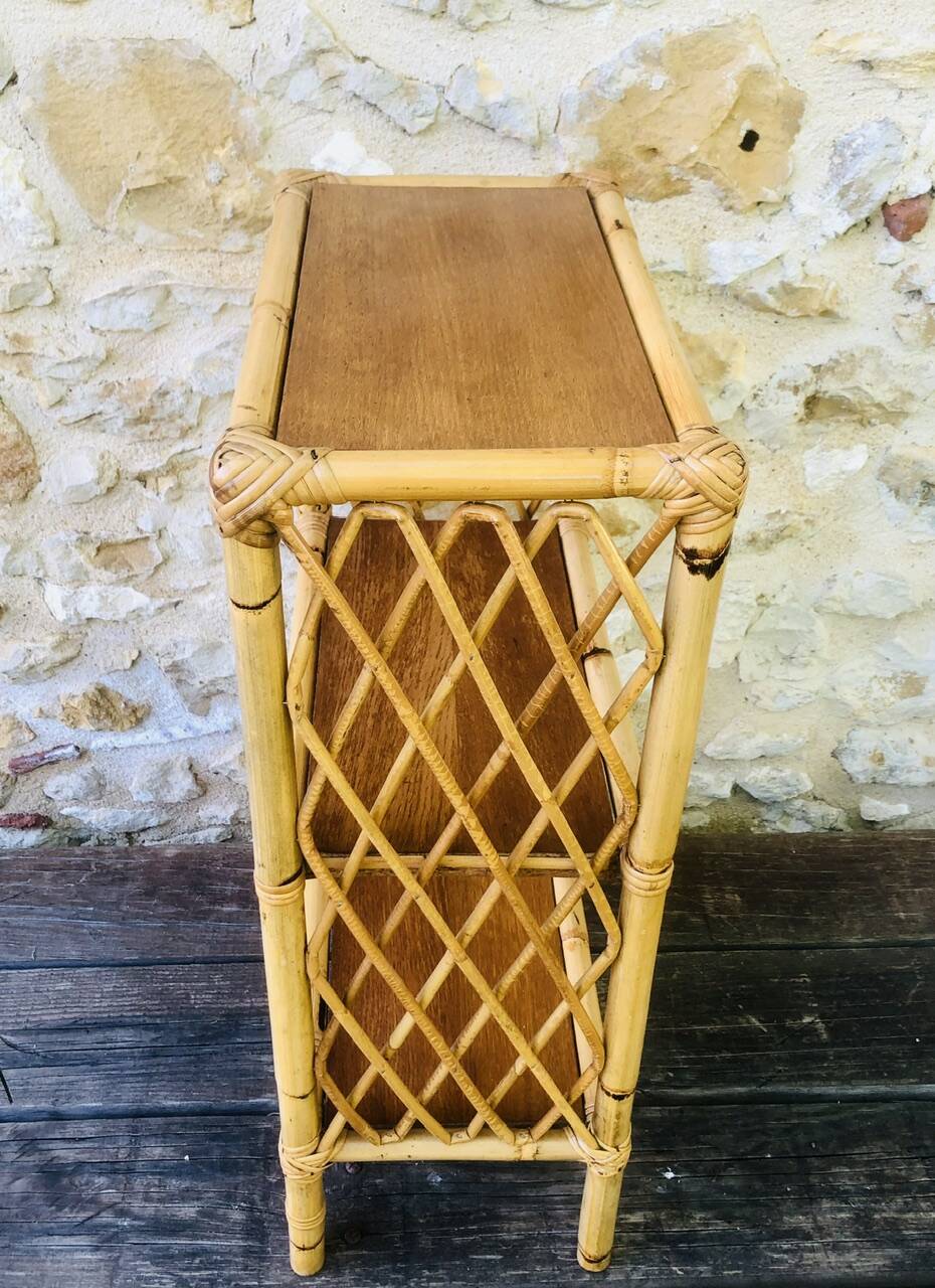 Wall shelf blond wood, bamboo, vintage rattan