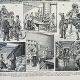 Old engraving 1898, Firefighter, ambulance, fire, rescue • Lithograph, Original plate