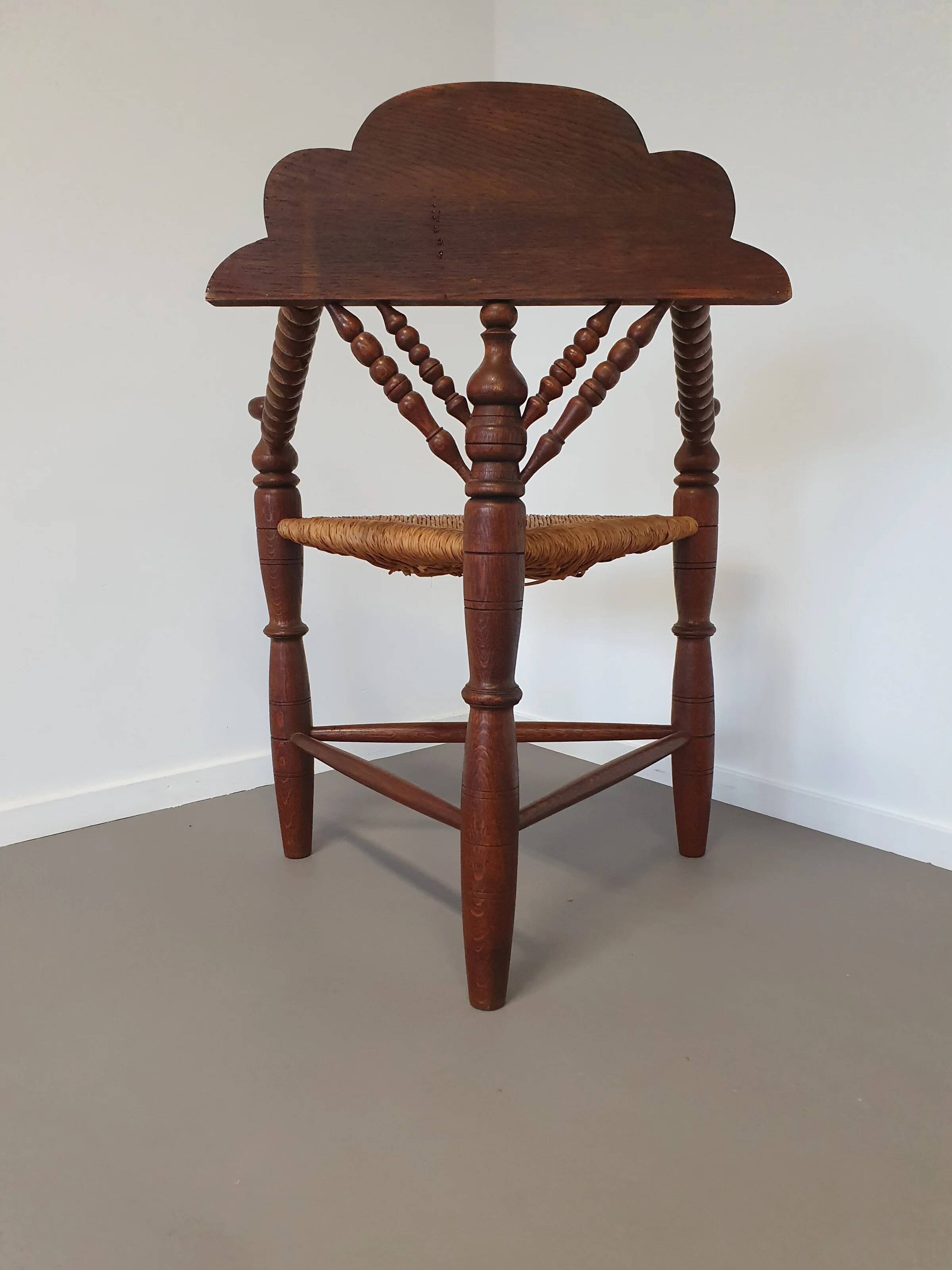 Dutch triangular turned wood corner chair rush seat knitting armchair