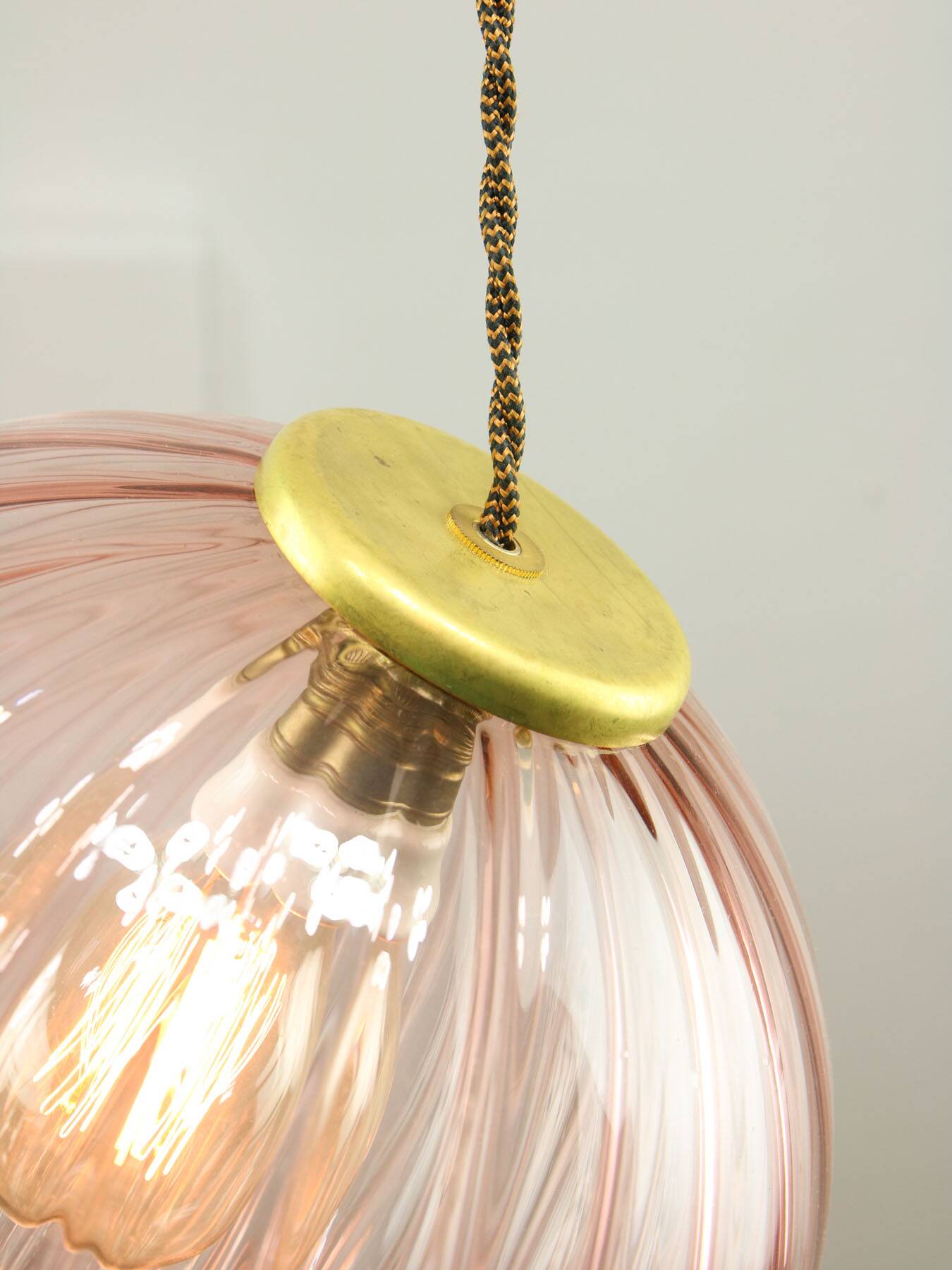 Mid-Century Italian Pink Glass and Brass Pendant Lamp
