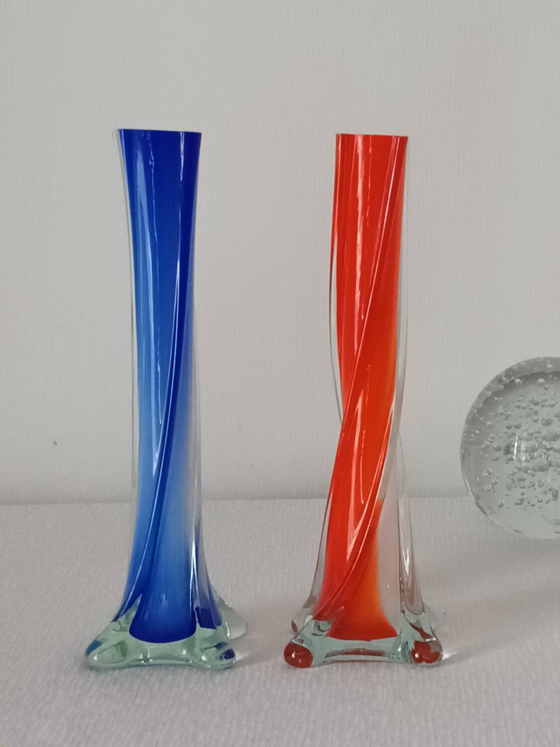 Pair of colored glass soliflores, 1960s