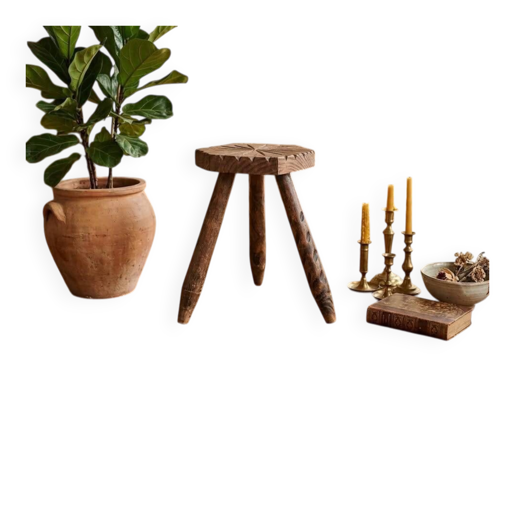 Vintage tripod stool in carved solid wood.