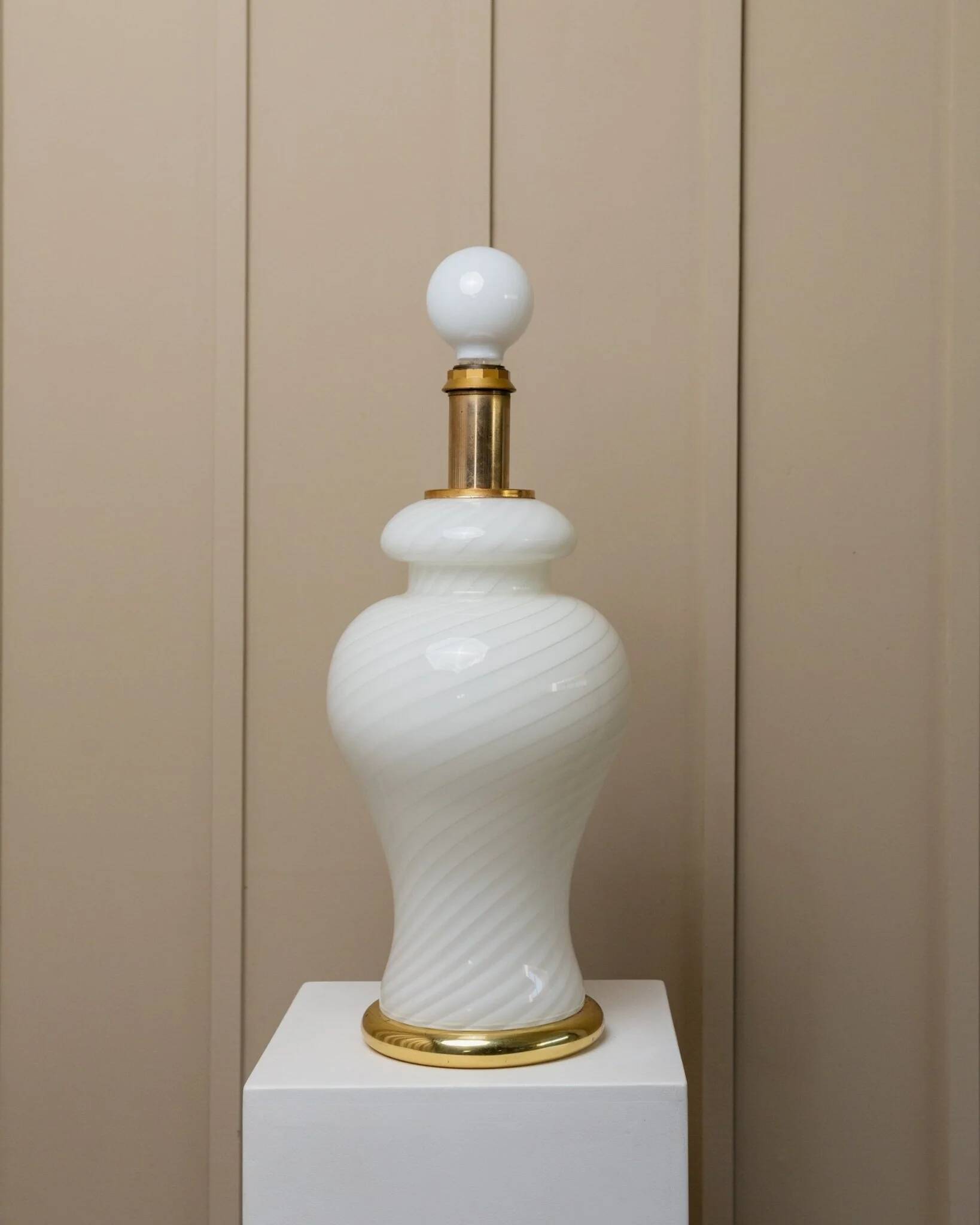 XXL Murano White Opaline Glass Table Lamp, 1970s Mid-Century Swirl, Mouth-Blown Italy