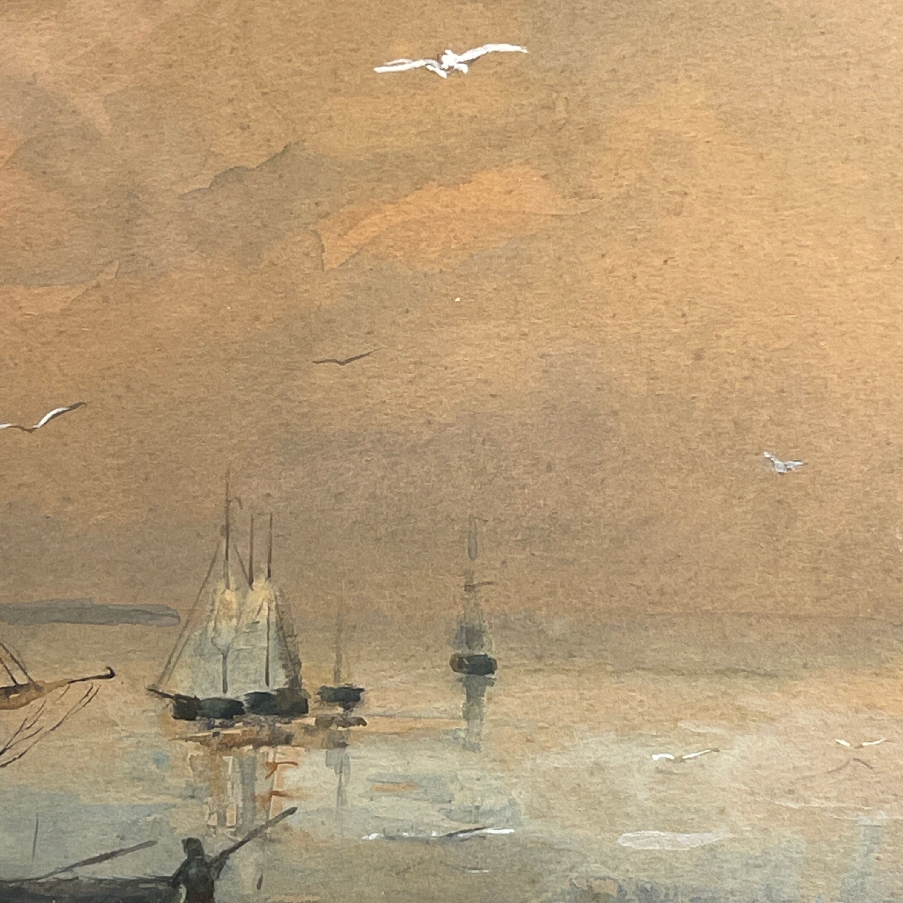 " Boats stranded at low tide " by A. Semlinck, Aquarelle Marine, Bateaux Voiliers, ca 1910