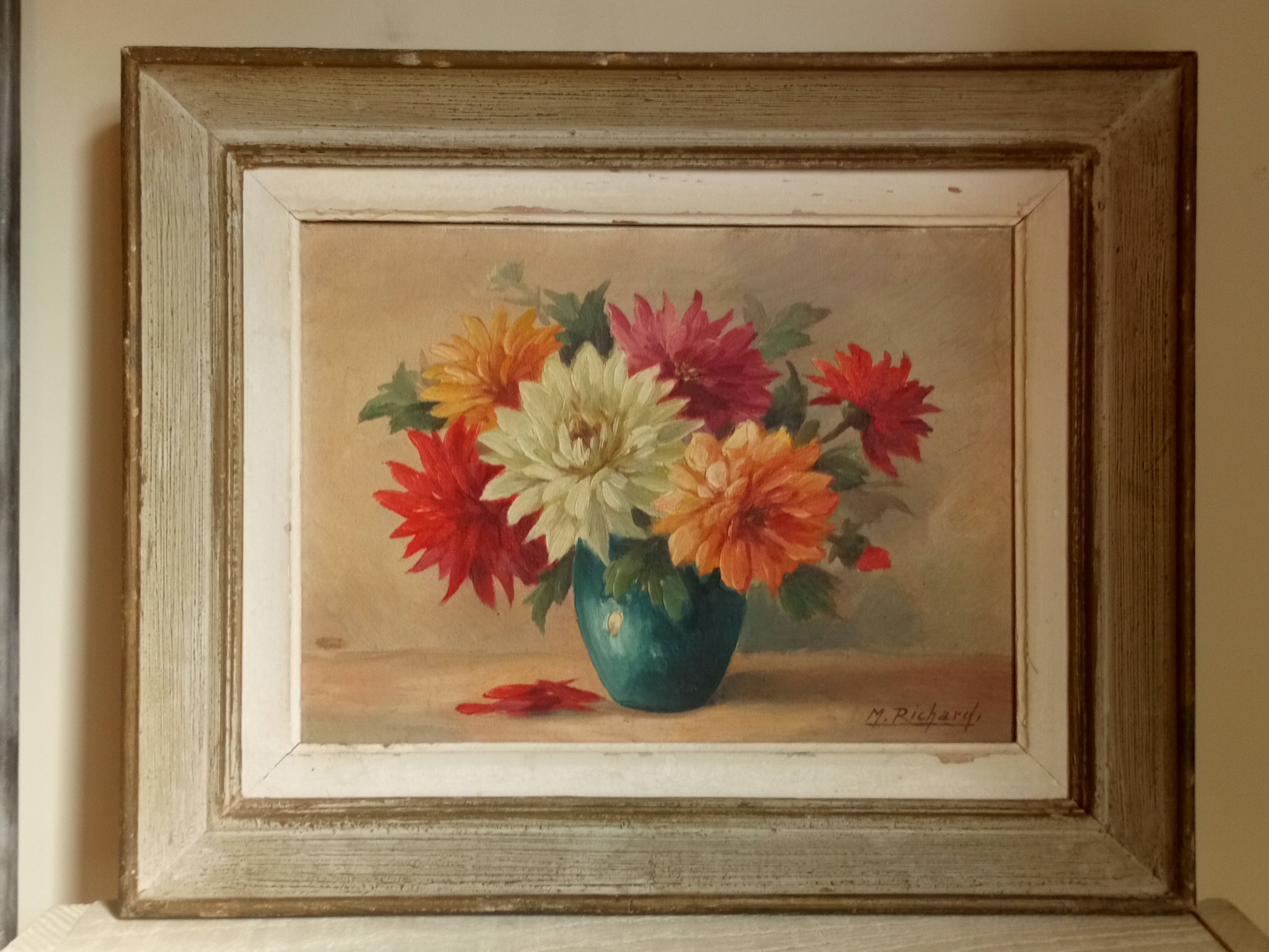 Oil on canvas vase with dalhias framed
