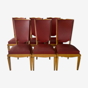 Suite de 6 chaises Art Deco en skaï rouge