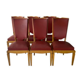 Suite de 6 chaises Art Deco en skaï rouge