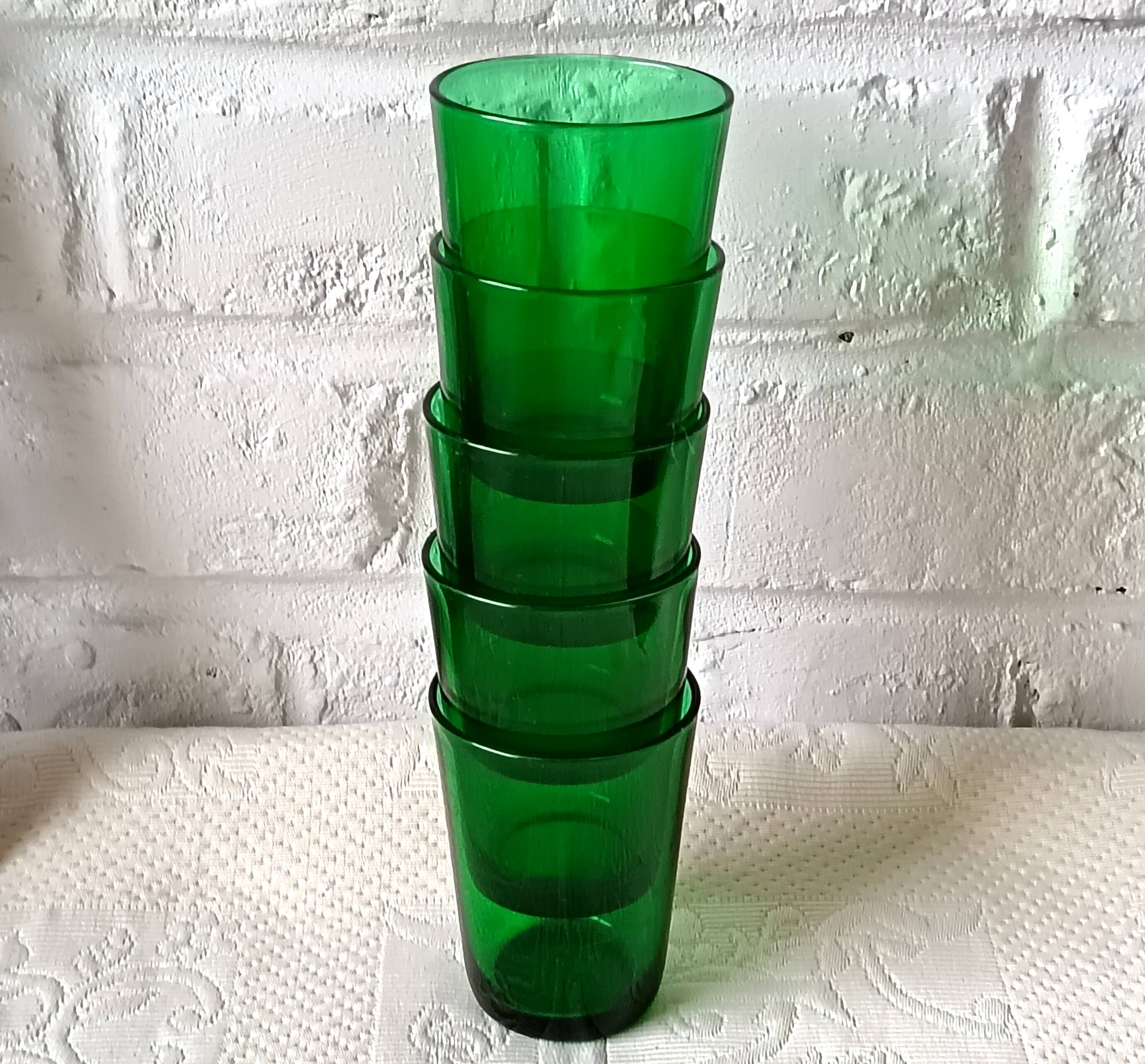 5 glasses 15 cl Retro emerald green tempered glass France