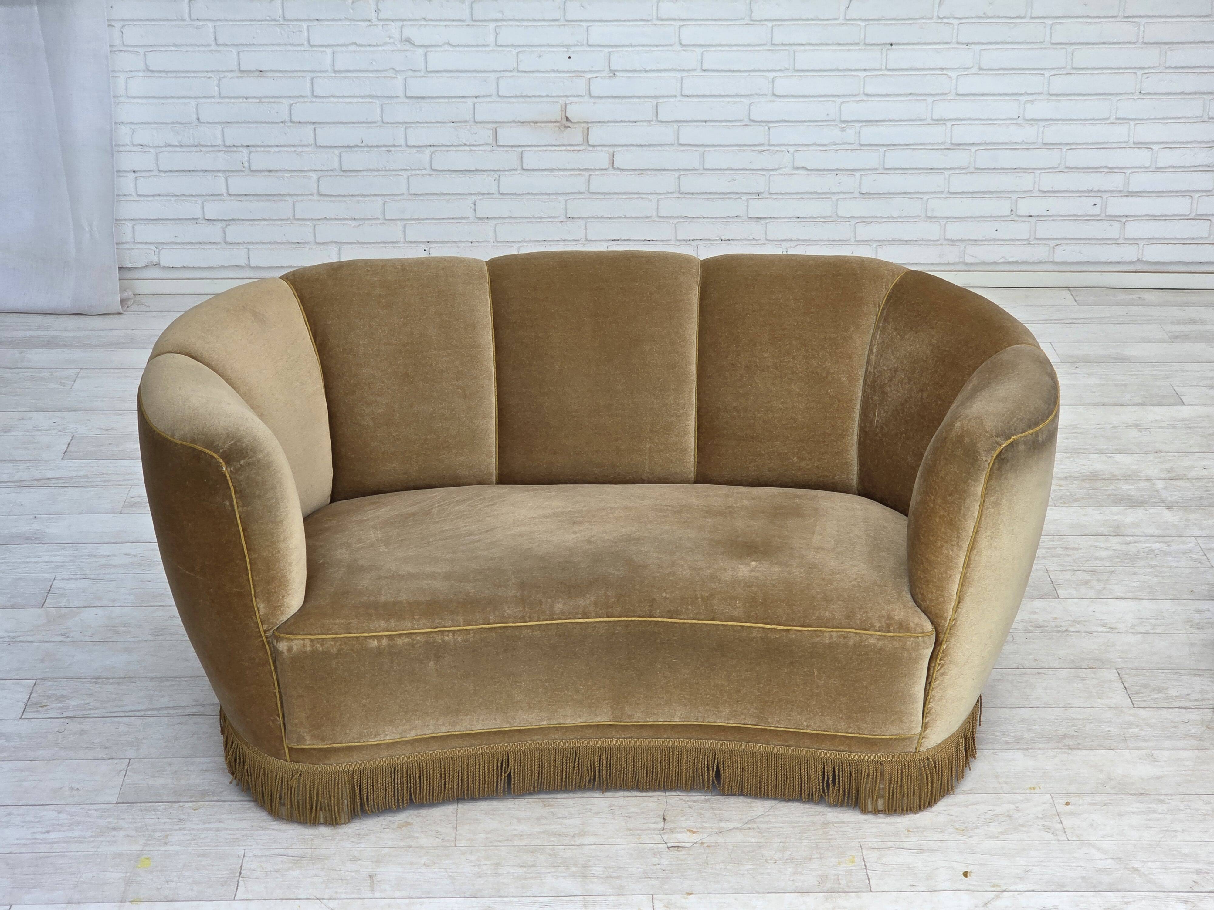1960s, Danish "Banana" 2-seater sofa, green furniture velour, oak wood.