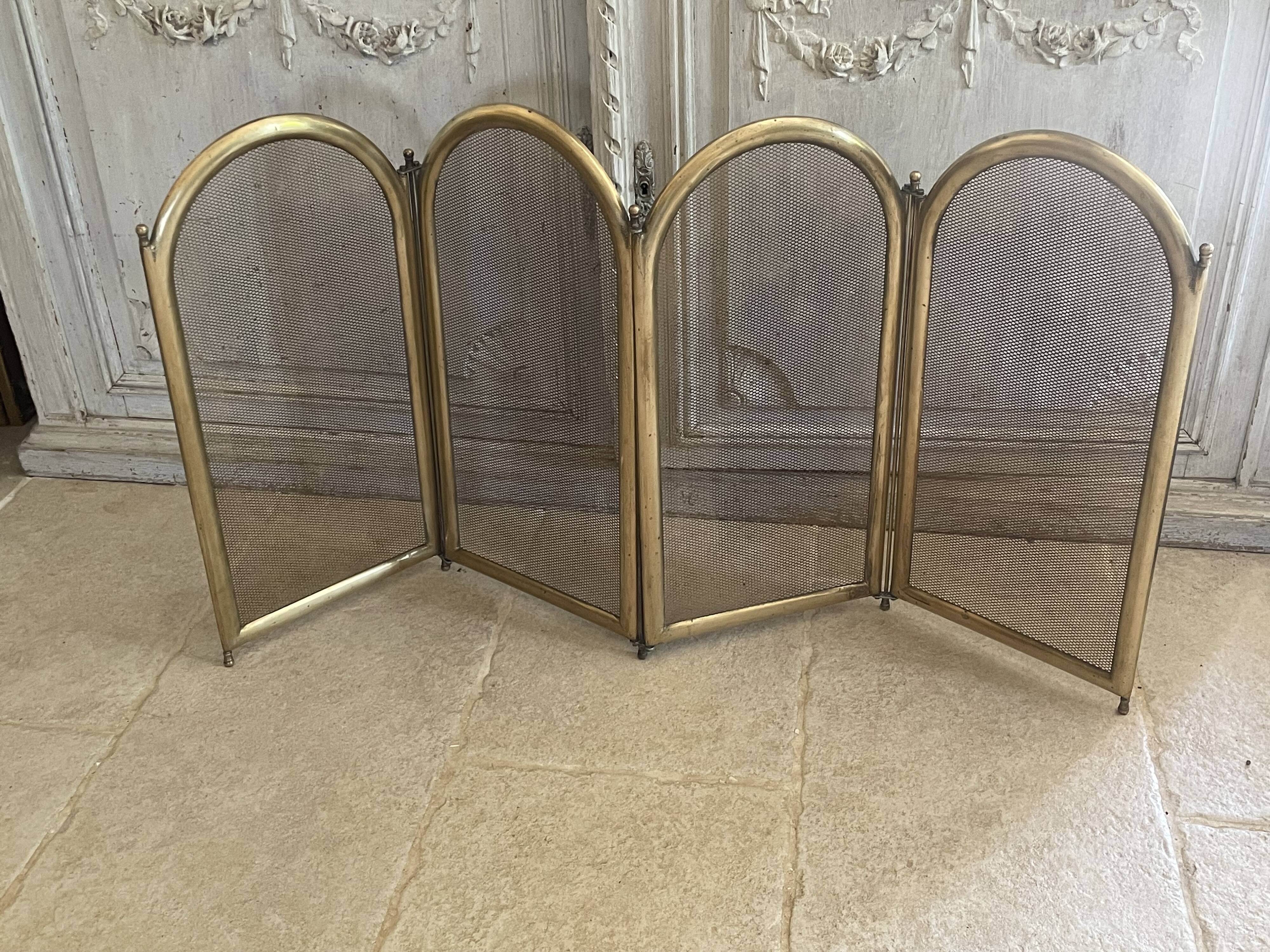 Vintage brass fireplace screen, folding spark guard with 4 panels,