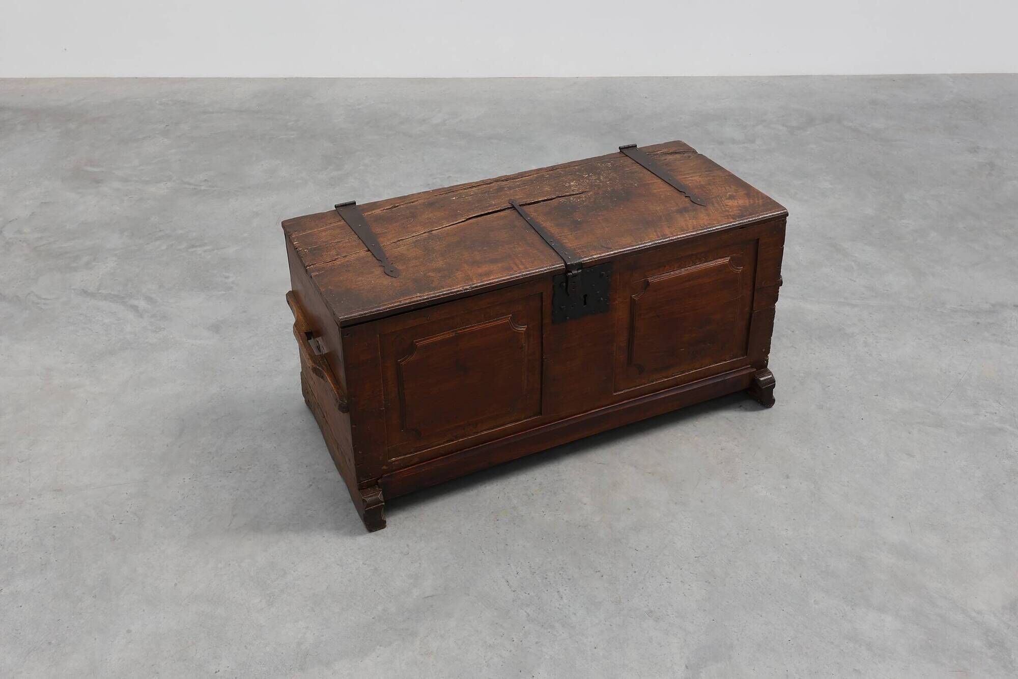 Flemish Oak Blanket Chest with panelled front and iron lock, dated 1825