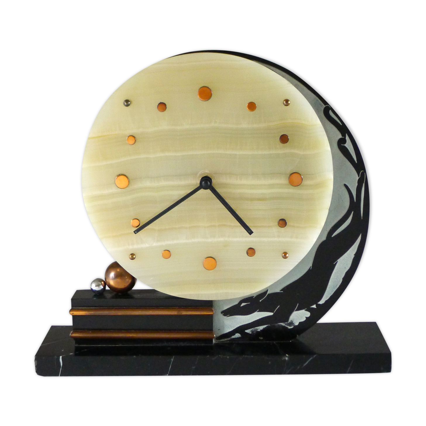 Art deco clock greyhound, marble and copper