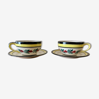 Set de  2 tasses et 2 soucoupes en excellent état faïence HB Quimper, 1960