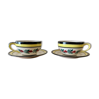 2 cups and 2 saucers in excellent condition, Faïence HB Quimper, 1960
