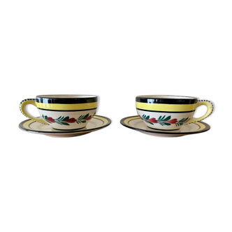 Set de  2 tasses et 2 soucoupes en excellent état faïence HB Quimper, 1960