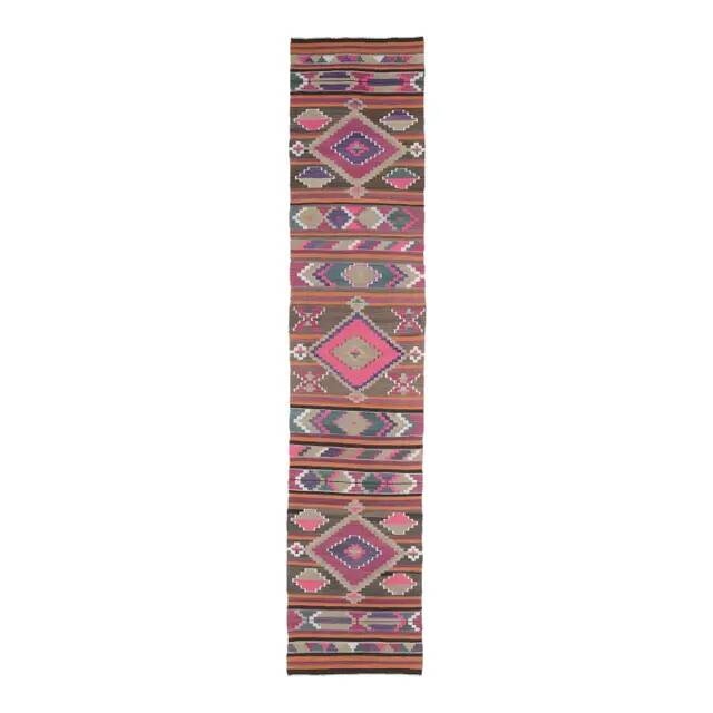 1970s Vintage Turkish Oushak Handmade Wool Cotton Pink Runner Rug 76x375
