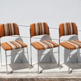 Lot 3 chairs vintage fabric, chrome metal chair, orange/brown/beige wool fabric, retro