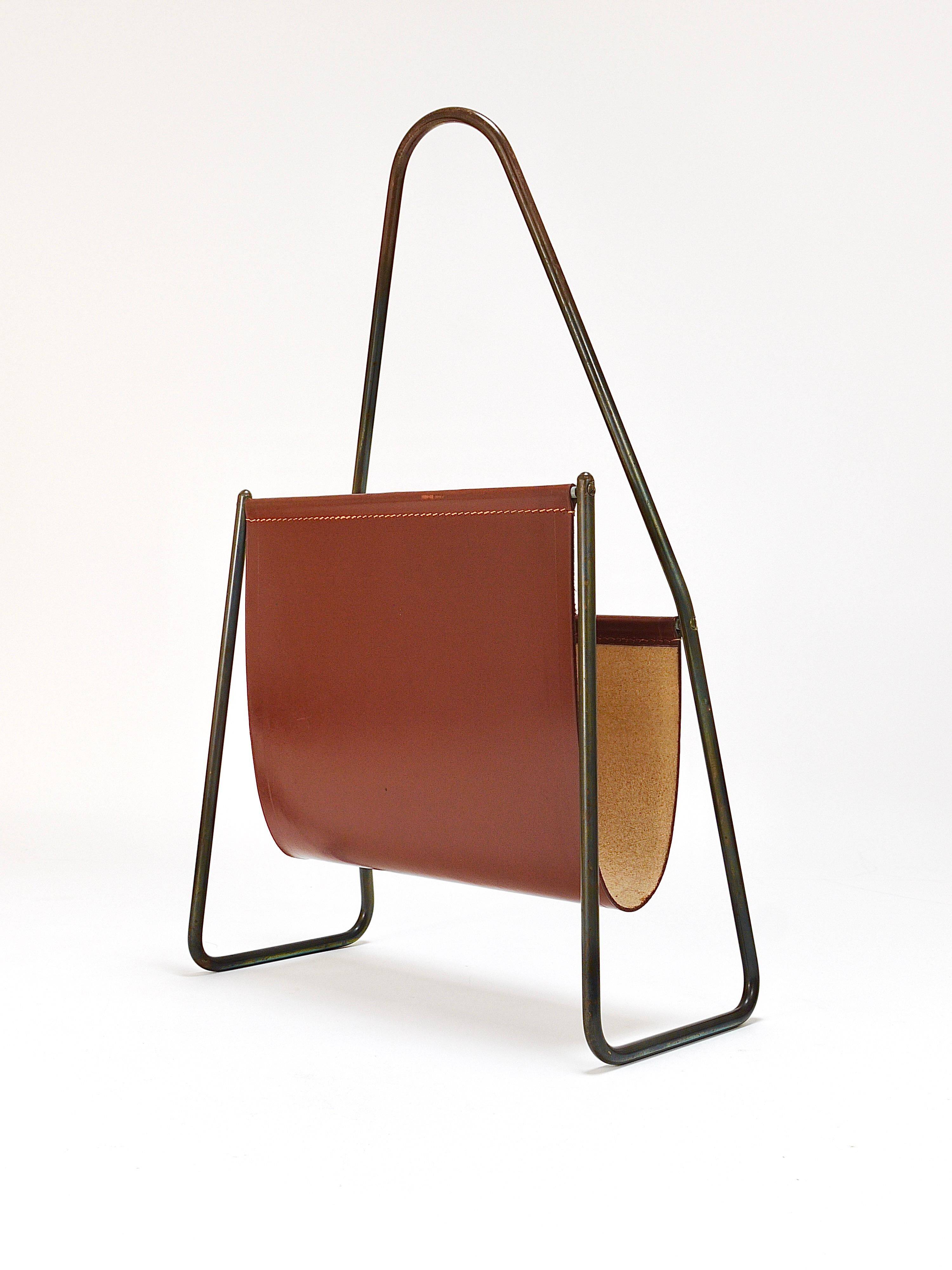 Carl Auböck II Magazine rack Midcentury, brass and brown leather, vintage, Austria
