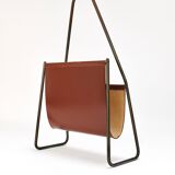 Carl Auböck II Magazine rack Midcentury, brass and brown leather, vintage, Austria