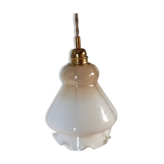Lampe baladeuse globe volanté blanc et degradé orange, fil torsadé lin, vintage